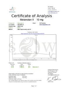 Certificate of analysis for Melanotan 1 Acetate (MT-1) 10mg