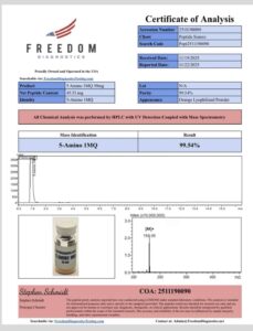 Certificate of analysis for 5 AMINO 1MQ 5mg