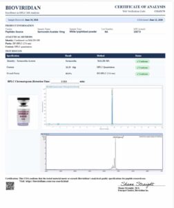 Certificate of analysis for Sermorelin Acetate 10mg