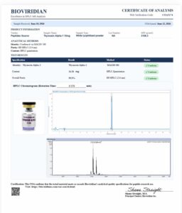 Certificate of analysis for Thymosin Alpha-1 (TA-1) 10mg