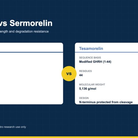 Tesamorelin and Sermorelin comparison graphic showing the full-length GHRH sequence beside the 1-29 fragment with a research comparison table